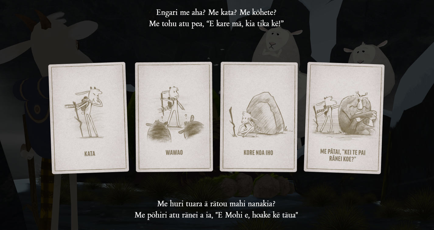 The choices screen with translated subtitles and cards